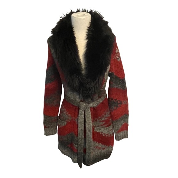 Ralph Lauren Jeans Co. Womens Cardigan Sweater Faux Fur Collar Aztec Red Gray - Picture 1 of 9